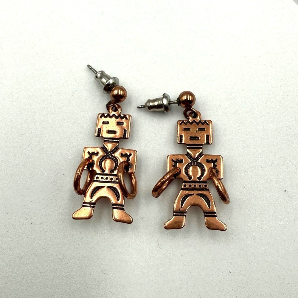 WM Copper Kachina Tribal Figure Drop Earrings Southwestern Boho Post